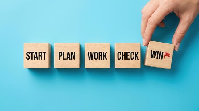 Business process improvement shown by a hand placing the final Win block in a project management workflow.