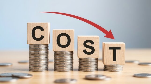 A strategy for decreasing expenses using wooden cost blocks on stacks of coins with a red downward arrow.