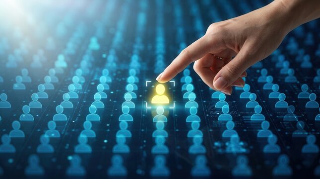 Marketing segmentation strategy concept showing a professional selecting a client icon from a crowd.
