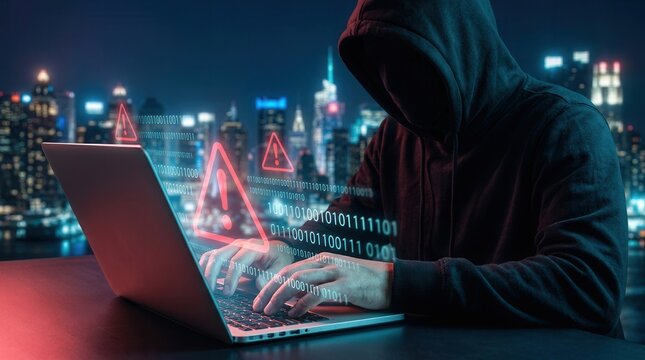 Cyber security threat concept featuring a hooded hacker with a laptop and red warning icons.
