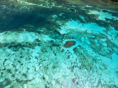 Aerial view of the vibrant coral reefs and crystal clear turquoise waters surrounding the island of Guanaja, Bay Islands Department, Honduras.