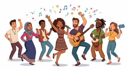 Obraz premium Diverse group of friends dance together with guitar player at a live music party, creating a festive vibe and friendship