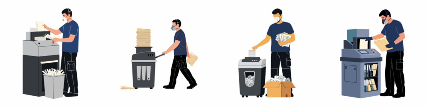 Set of illustrations depicting a professional worker in protective gear shredding and managing sensitive documents for secure data destruction and recycling services.