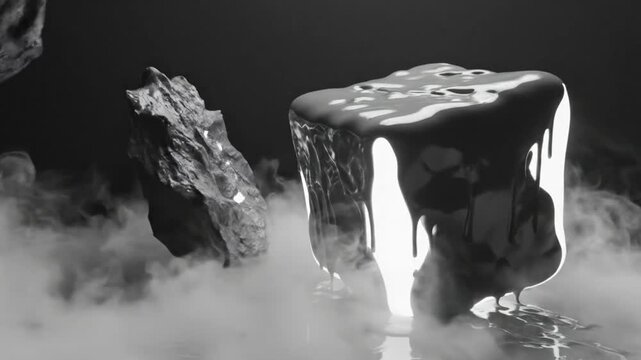 Black and white abstract animation featuring a spiral tunnel leading to a glowing cube and ethereal fog
