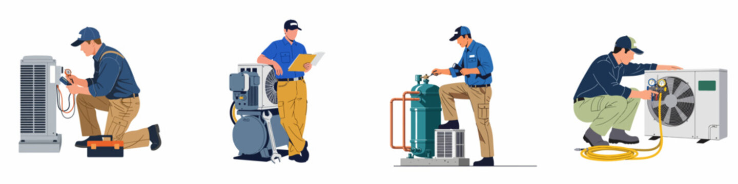 Set of professional HVAC technicians in uniforms performing maintenance, repairs, and inspections on air conditioning units and industrial cooling systems.
