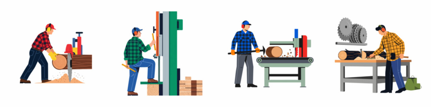 Collection of illustrations depicting sawmill workers operating industrial wood processing machinery and saws for lumber production on a white background.