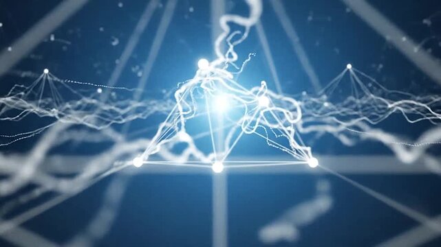 A glowing geometric pyramid structure floating in a digital network space