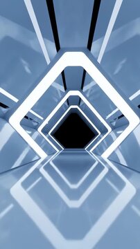 Futuristic blue geometric tunnel with glowing white lights and reflections, digital cyberspace perspective