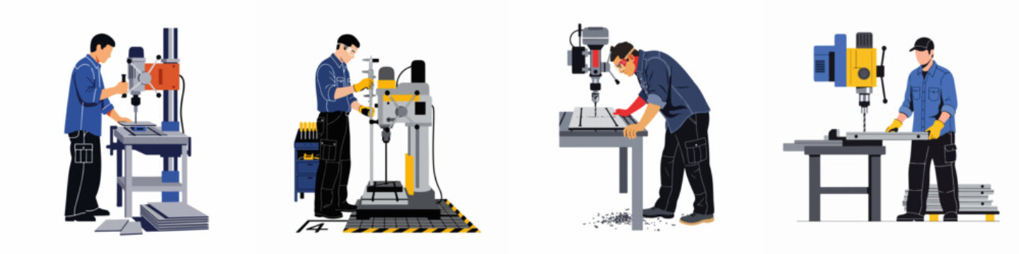 Set of industrial workers operating drill press machines in a workshop, featuring safety equipment and precision metalworking tools for manufacturing and production.