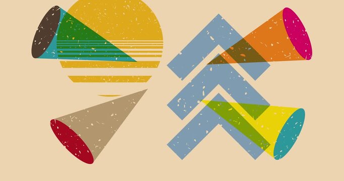Colorful geometric shapes animation. Object in trendy riso graph design. Geometry elements abstract risograph texture style video.