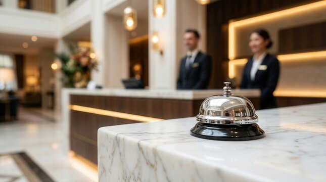 Professional hotel staff stand behind a stylish reception desk in a luxury lobby.