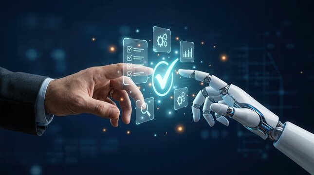 Human and robot hands interact with digital icons for better management performance and AI support.