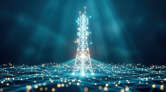 Global network connectivity represented by a digital telecommunication tower and glowing lines.