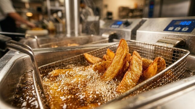 Crispy potato wedges cooking in a deep fryer basket within a professional kitchen setting.