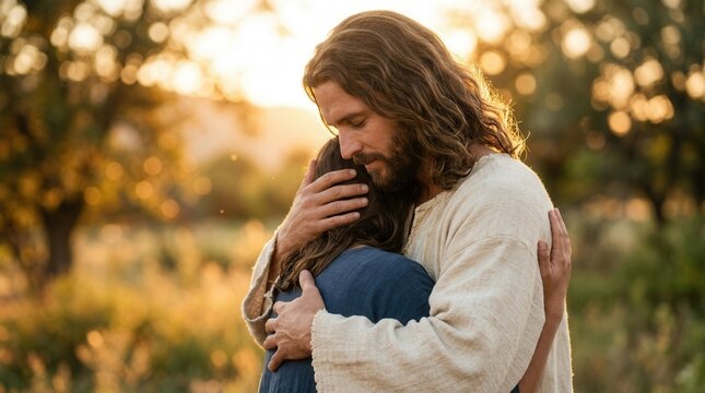 A spiritual scene of Jesus offering a warm hug and comfort to a man.