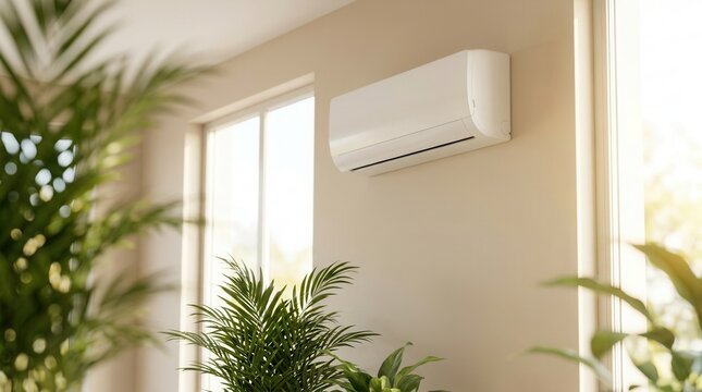 Modern home climate control equipment with a white air conditioner and indoor plants.