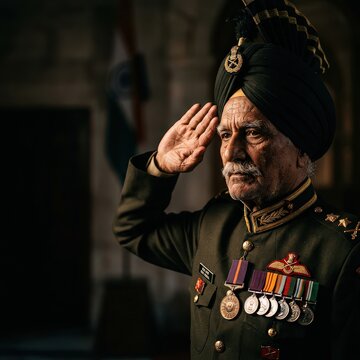 Senior Sikh Indian Army Officer in Uniform Saluting with Indian Flag Background