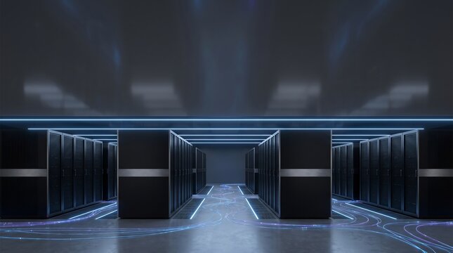 Modern server racks arranged in rows feature glowing fiber optic cables transmitting data across a high tech secure facility interior