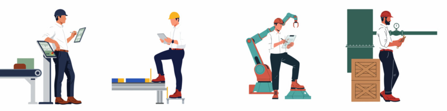 Industrial engineers and factory workers operating automated machinery, conveyor systems, and robotic arms in a modern manufacturing environment.