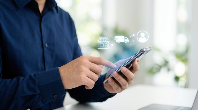 Real-time route tracking and shipping status shown via digital logistics icons on a smartphone.