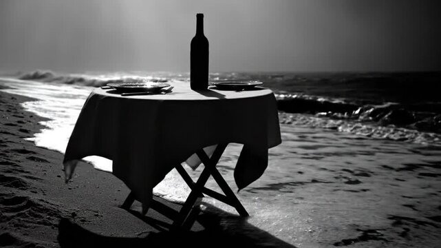 Black and white romantic beach scene with a table set for two, a bottle of wine, plates, and the ocean in the background
