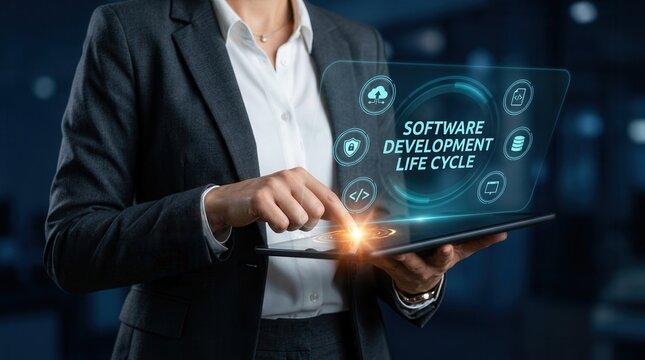 A person in professional attire interacting with a digital tablet showing software development life cycle stages and tools.