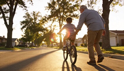 Naklejka premium Grandfather teaching his young grandson how to ride bicycle