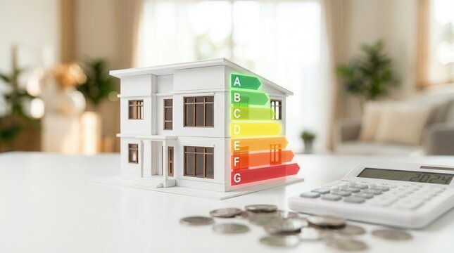 Concept of sustainable housing and energy conservation shown with a model house and cost savings.