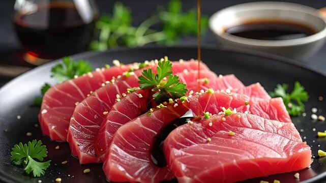 Fresh raw fish slices are drizzled with a savory dark sauce on a black plate