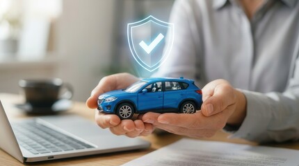 Fototapeta premium A blue toy car protected by a shield icon for secure transport and safety trust.