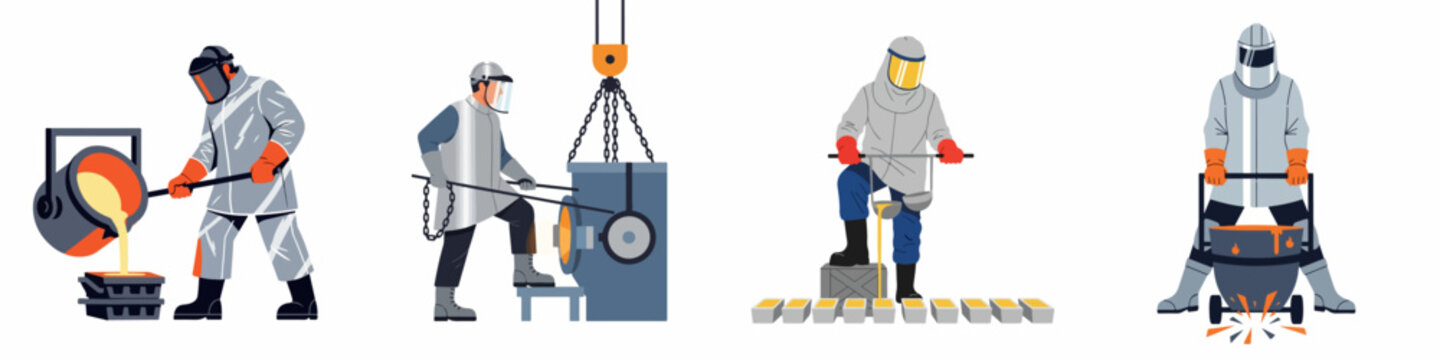 Industrial foundry workers in heat resistant protective suits pouring molten metal and casting ingots at a metallurgical plant flat vector illustration set.