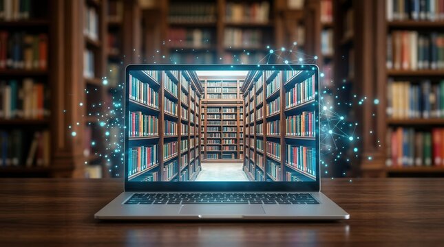 An e-learning concept featuring digital books and information access on a laptop.