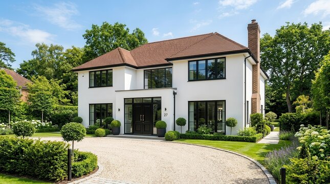 Luxury residential home featuring a gravel driveway and manicured topiary garden
