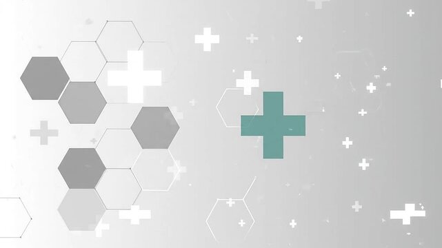 Abstract medical background with floating geometric shapes and symbols
