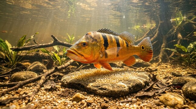 A tiger fish swimming in a clear, shallow water environment with aquatic plants and rocks.