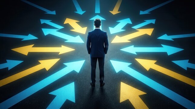 A man in a suit faces multiple paths, options, and choices for his future journey at a crossroads.