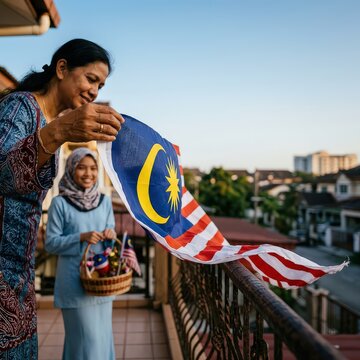 Proud Malaysian women displaying national flag Jalur Gemilang on home balcony