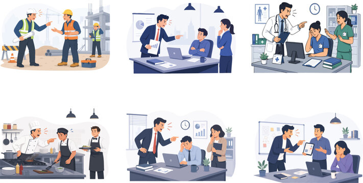 Workplace Conflict and Toxic Environment Illustration Set - Stress and Aggression in Office, Construction, Medical, and Kitchen Professional Settings