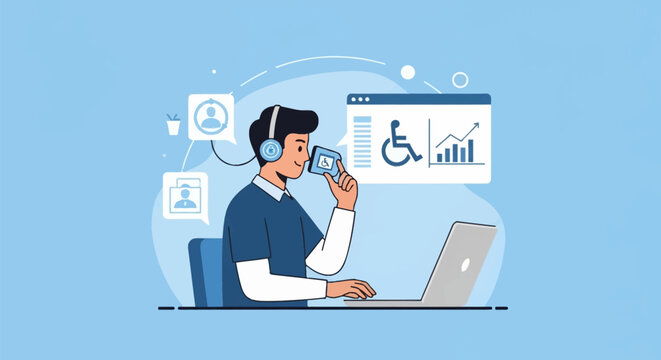 Vector illustration of a male employee working on a laptop using assistive technology, featuring digital accessibility symbols, data charts, and inclusive office work environment.