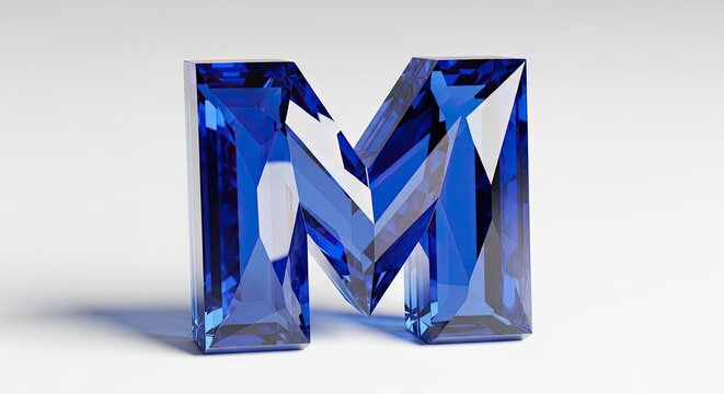 Blue crystal letter M 3D glass typography alphabet