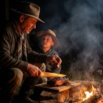 Father and son bonding while grilling meat by a campfire at night in rural setting