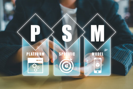 Business professional interacting with digital interface displaying platform specific model icons for strategic planning.