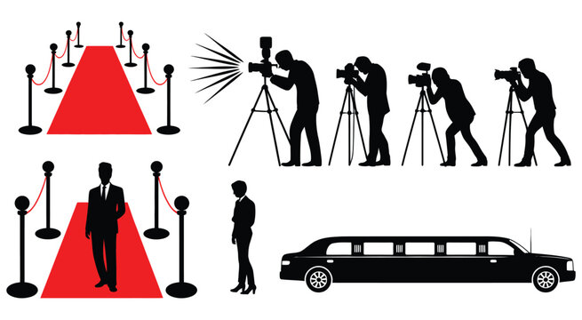 Red carpet event silhouette with paparazzi and transportation vector illustration representing celebrity arrival and glamorous award ceremony scene