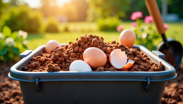 Vibrant compost bin with eggshells in sunny backyard garden, eco-friendly
  