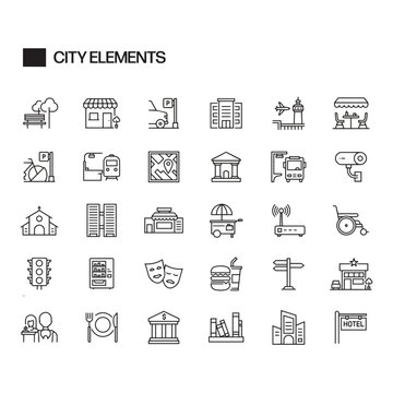Simple black line art icon set of urban city elements including shop train bus hotel and restaurant