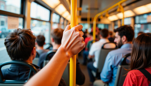 Hand holding pole in crowded bus during evening commute