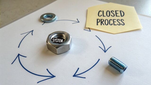 Conceptual representation of a closed process system with mechanical components highlighting connections, efficiency, and continuous feedback in a business environment