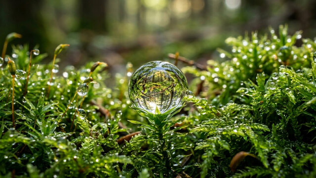 Crystal clear dew drop reflecting forest on green moss macro