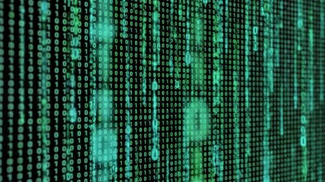 Digital binary code stream with glowing numbers on a dark background