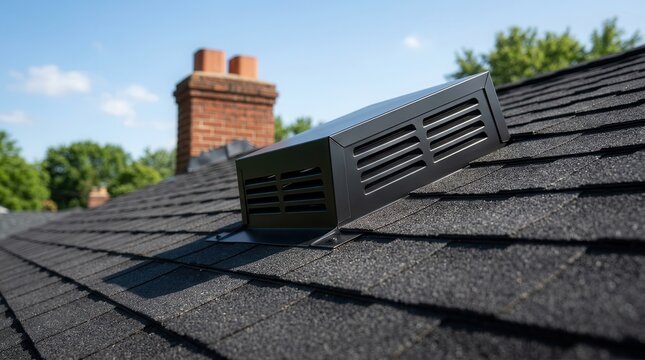 Attic vent system installed on a house roof near a brick chimney.